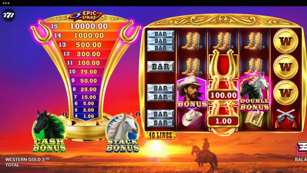 Tampilan visual slot Western Gold 3 dengan tema koboi dan gurun