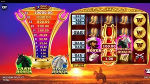 Tampilan visual slot Western Gold 3 dengan tema koboi dan gurun