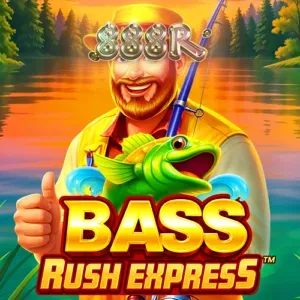 Tampilan visual permainan slot Bass Rush Express dengan tema memancing yang ceria
